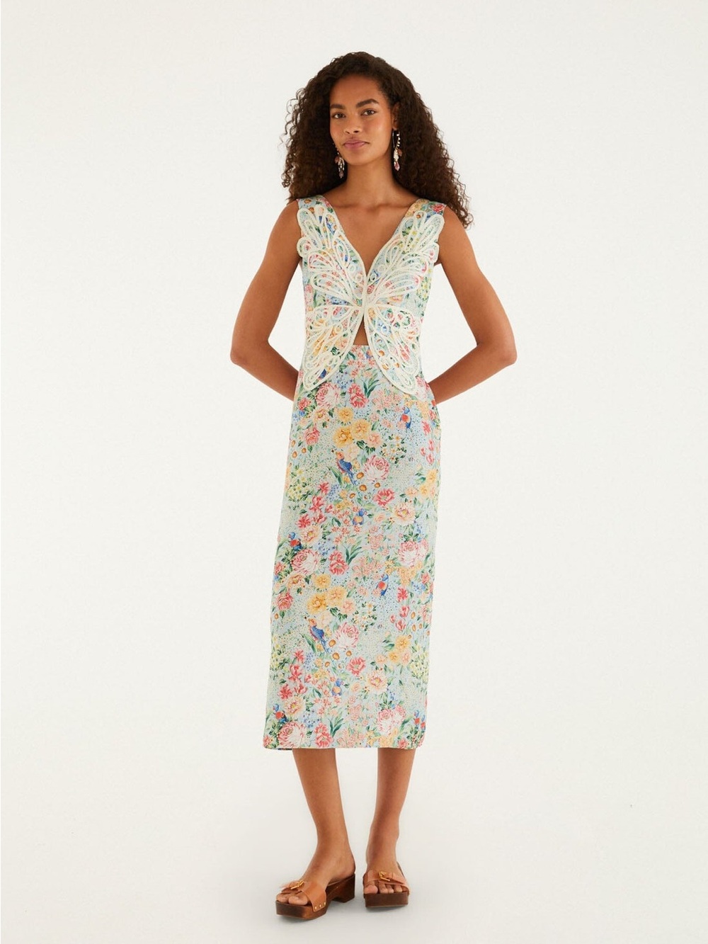 Farm Rio Multicolor Rendeira 3d Bodice Midi Dress